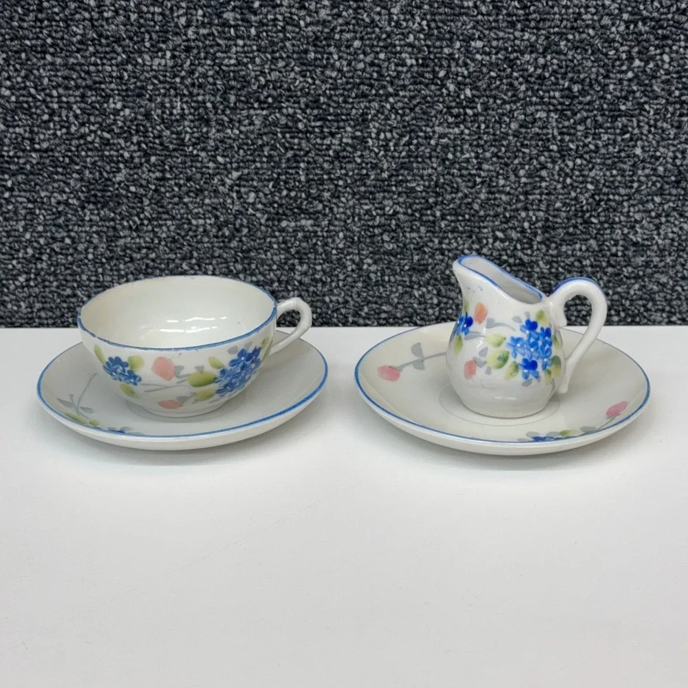 Vintage Japan Miniature Tea‎ Set 4pc Floral Porcelain Teacup Saucer Creamer Blue